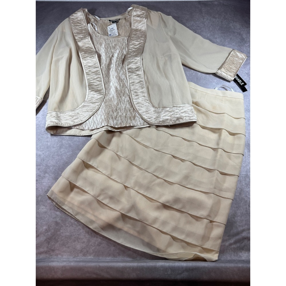 Dana Kay Womens 3 Piece Skirt Suit Set 16W Tan Beige Metallic Crinkle Tiered NEW